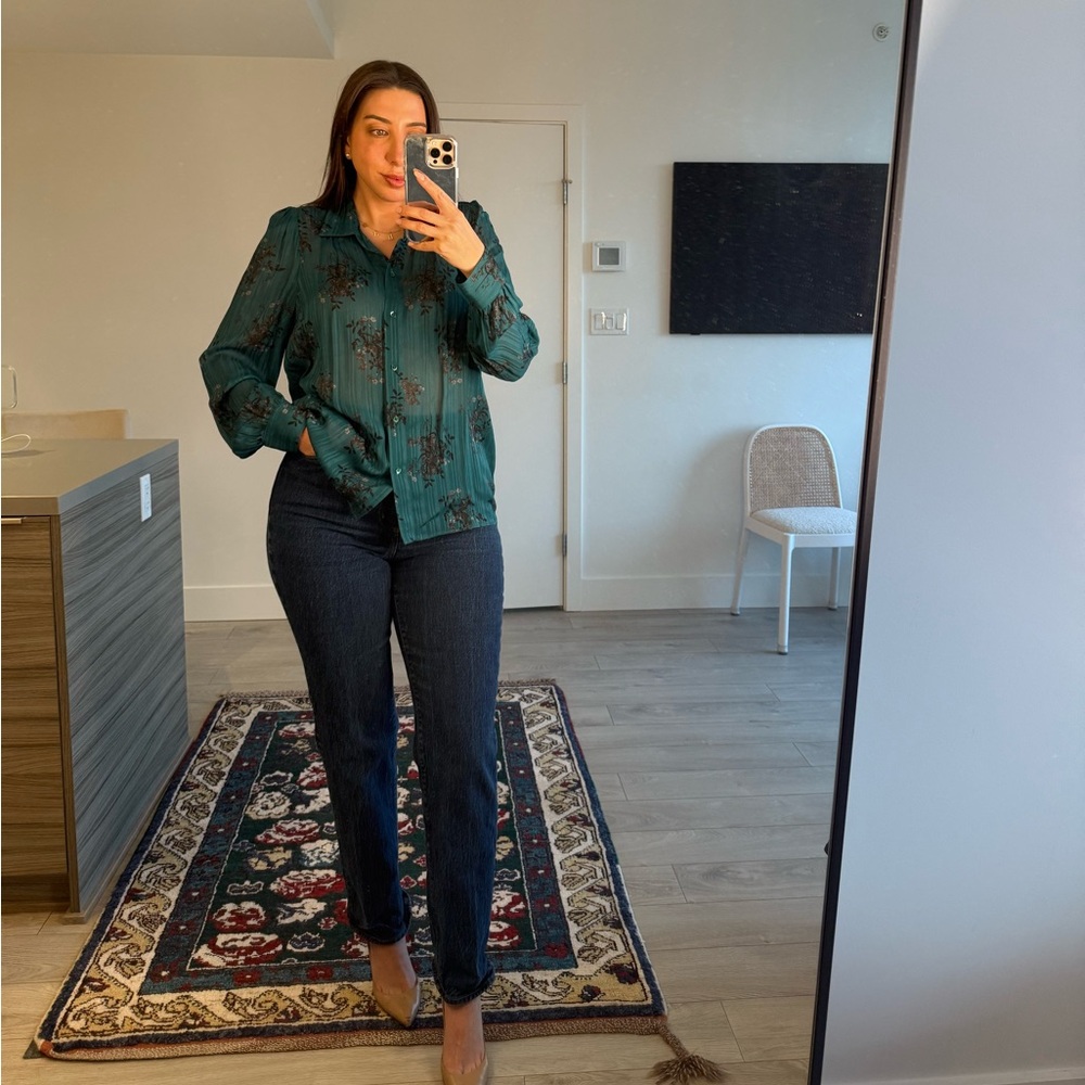 Aritzia Wilfred semi-sheer floral Blouse in Teal forest Green Long Sleeve size S